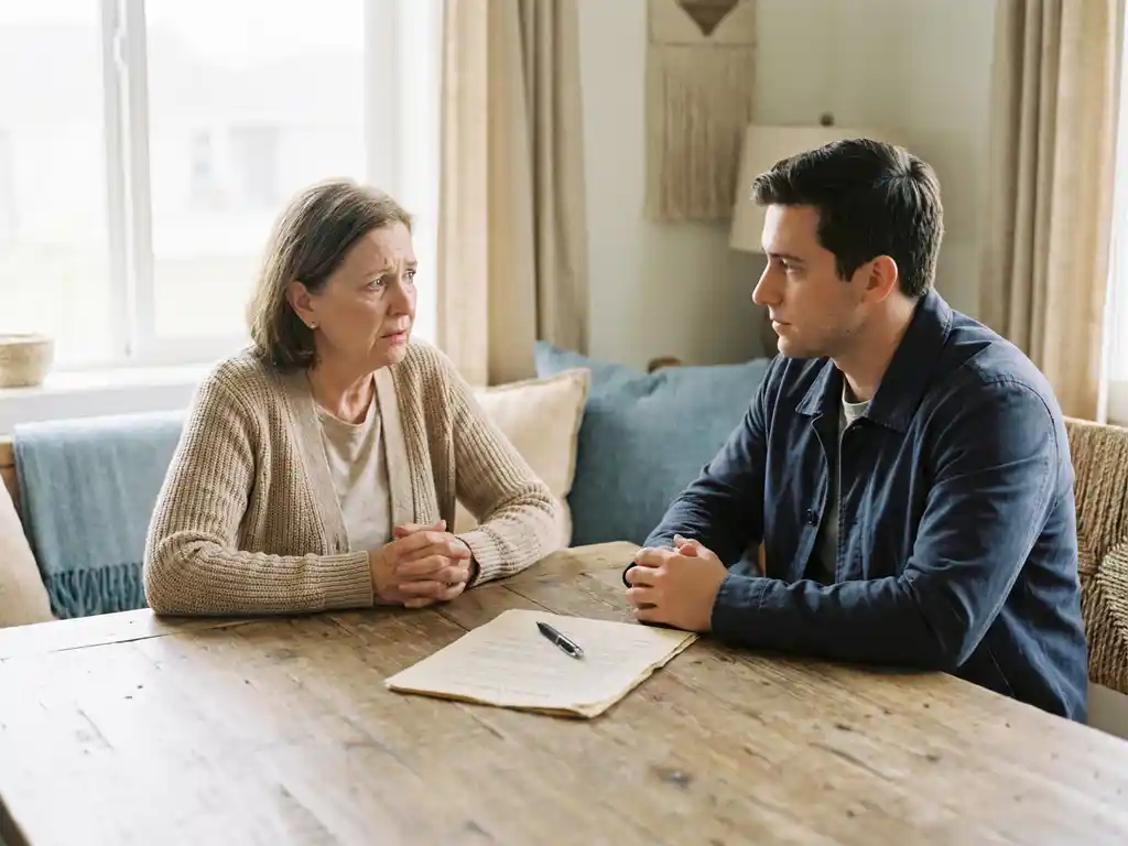 Oudere persoon in gesprek met professional aan houten tafel met juridisch document, warme beige tinten, sfeer van vertrouwen en autonomie.