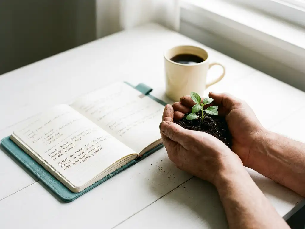 Handen die een klein groen plantje vasthouden naast een agenda en koffie op een wit bureau, zachte natuurlijke belichting.