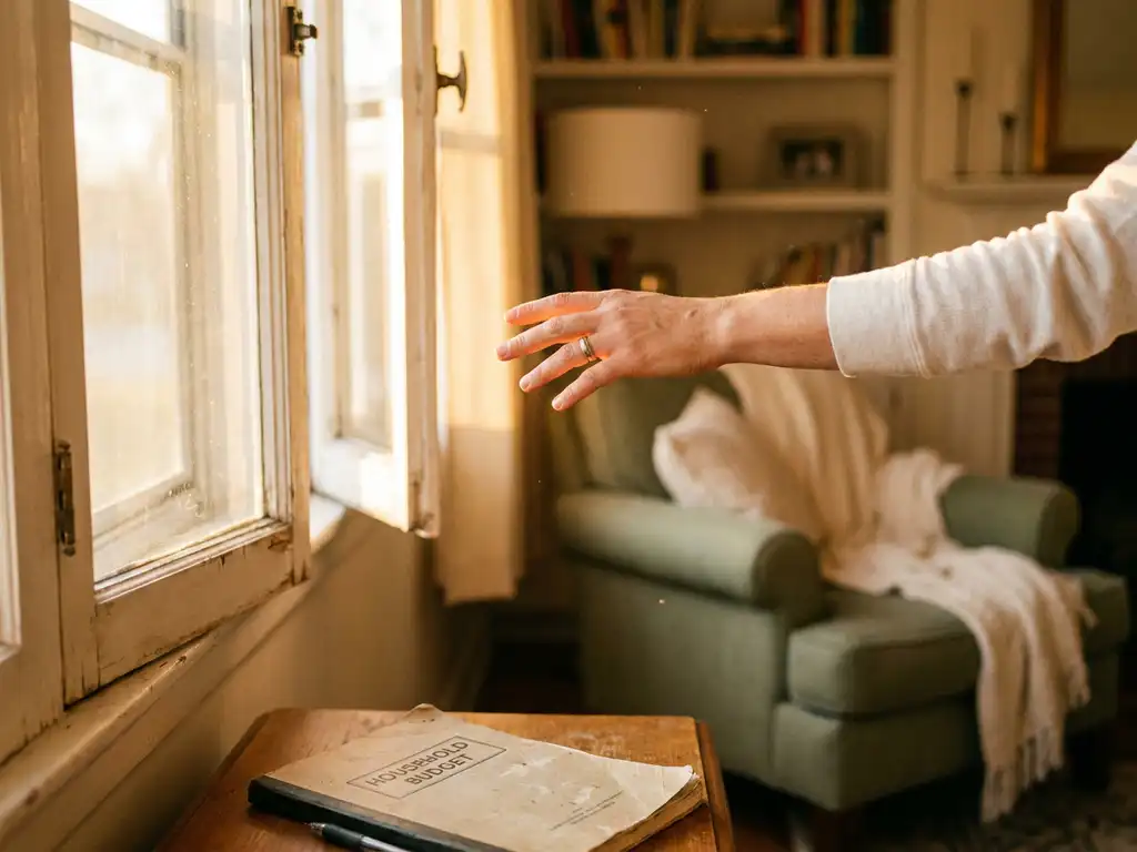 Hand die een raam opent, gouden zonlicht stroomt binnen in een rustige woonkamer met een huishoudbudgetboekje op tafel.