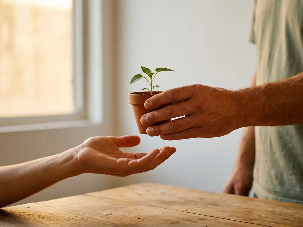 Twee handen die een kleine potplant met zaailing doorgeven op een houten ondergrond, warm goudkleurig licht.