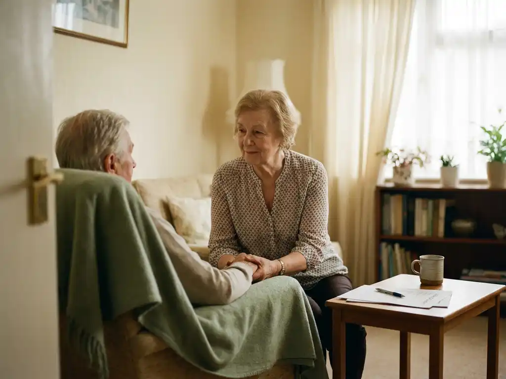 Oudere vrouw houdt zachtjes de hand vast van een bejaarde persoon, met officiële documenten op de bijzettafel in een warme woonkamer.